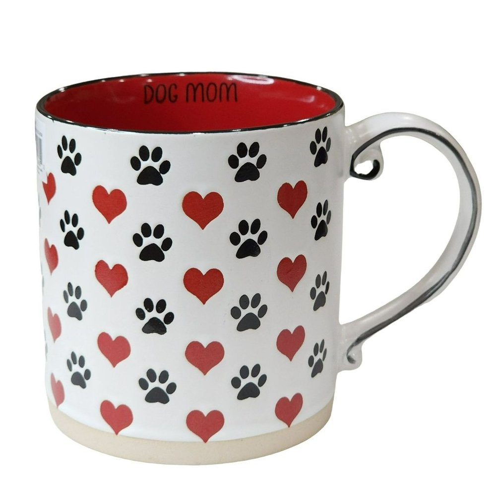 Dog Mom‎ Ceramic Coffee Mug Red Hearts And Black Dog Paws Printed 16 oz
